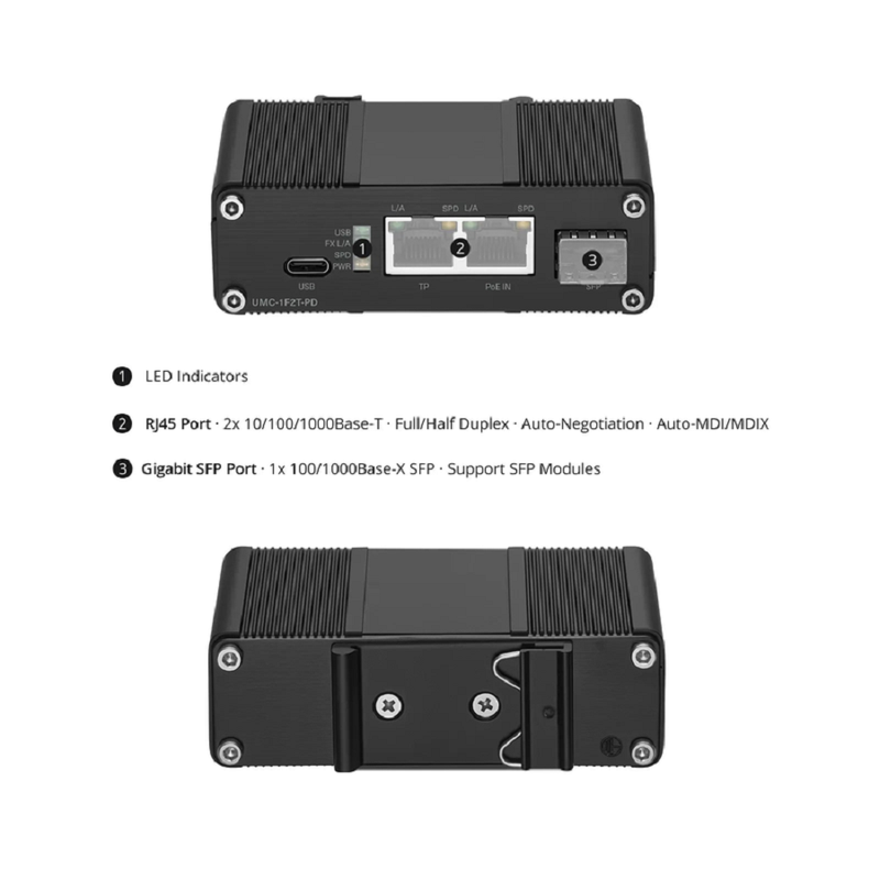 SFPS Unmanaged 2 x 10/100/1000Base-T RJ45 to 1 x 100/1000Base-X SFP Gigabit Ethernet PoE+ PD with USB DC Output Media Converter