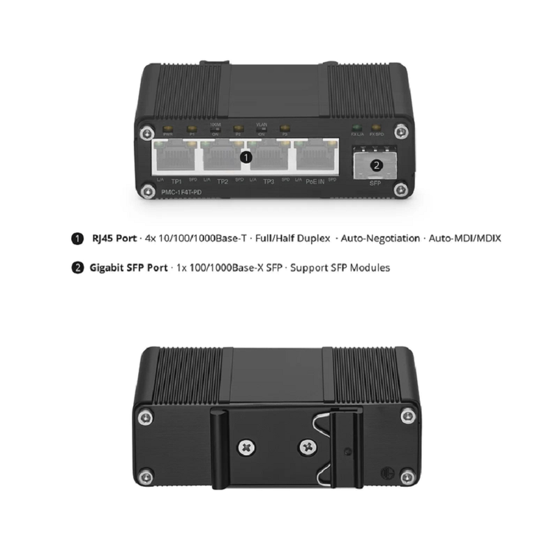 SFPS Unmanaged 4 x 10/100/1000Base-T RJ45 to 1 x 100/1000Base-X SFP Gigabit Ethernet PoE++ with PSE and PD Media Converter