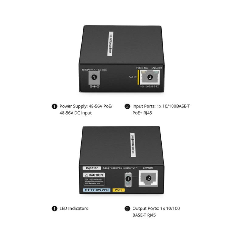 SFPS IES1110W-2PD, 1-Port 10/100M Fast Ethernet Long Reach PoE over UTP Injector, 1 x PoE+ Input to 1 x 10/100BASE-T RJ45 Output, -20 to 70A°C Operating Temperature