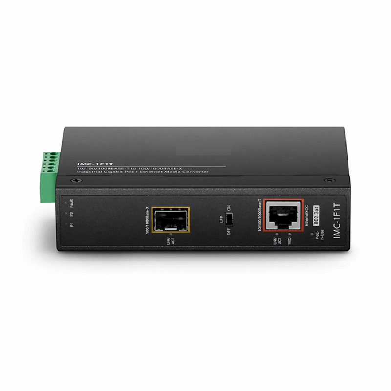SFPS Industrial Unmanaged 1x 10/100/1000Base-T RJ45 to 1x 100/1000Base-X SFP Gigabit PoE+ Ethernet Media Converter