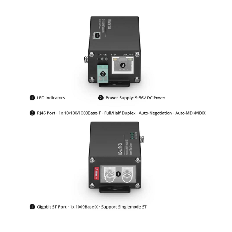 SFPS Mini Industrial Unmanaged 1x 10/100/1000Base-T RJ45 to 1x 1000Base-X Single Mode ST 1310nm 20km Gigabit Ethernet Media Converter, American Plug Standard