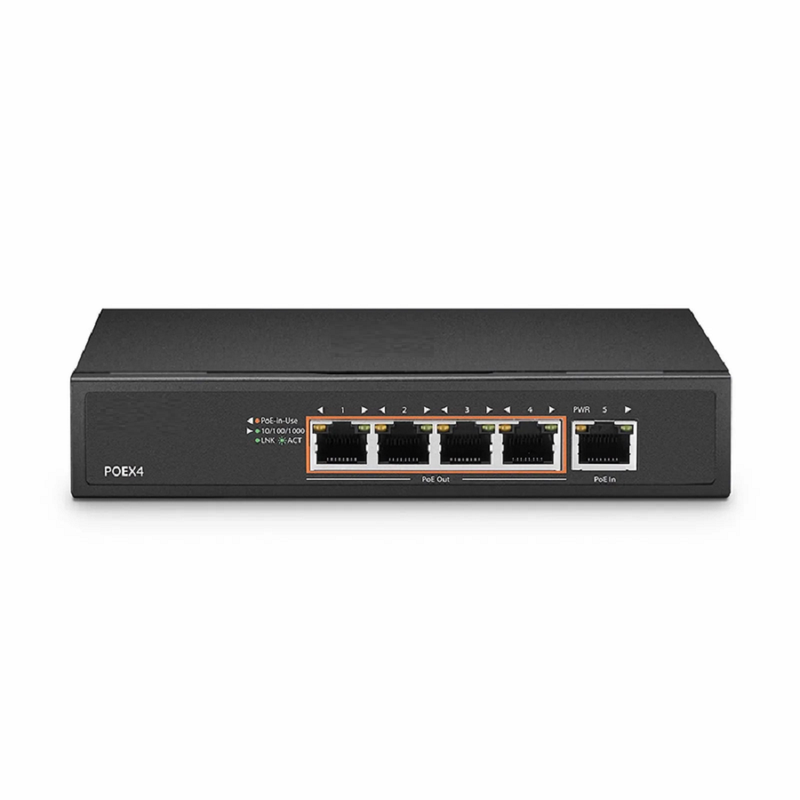 SFPS 5 Ports 10/100/1000M Gigabit PoE+ Extender, 1 in 4 out, Desktop/Wall mountable, IEEE 802.3at/802.3af, 0 to 50A°C