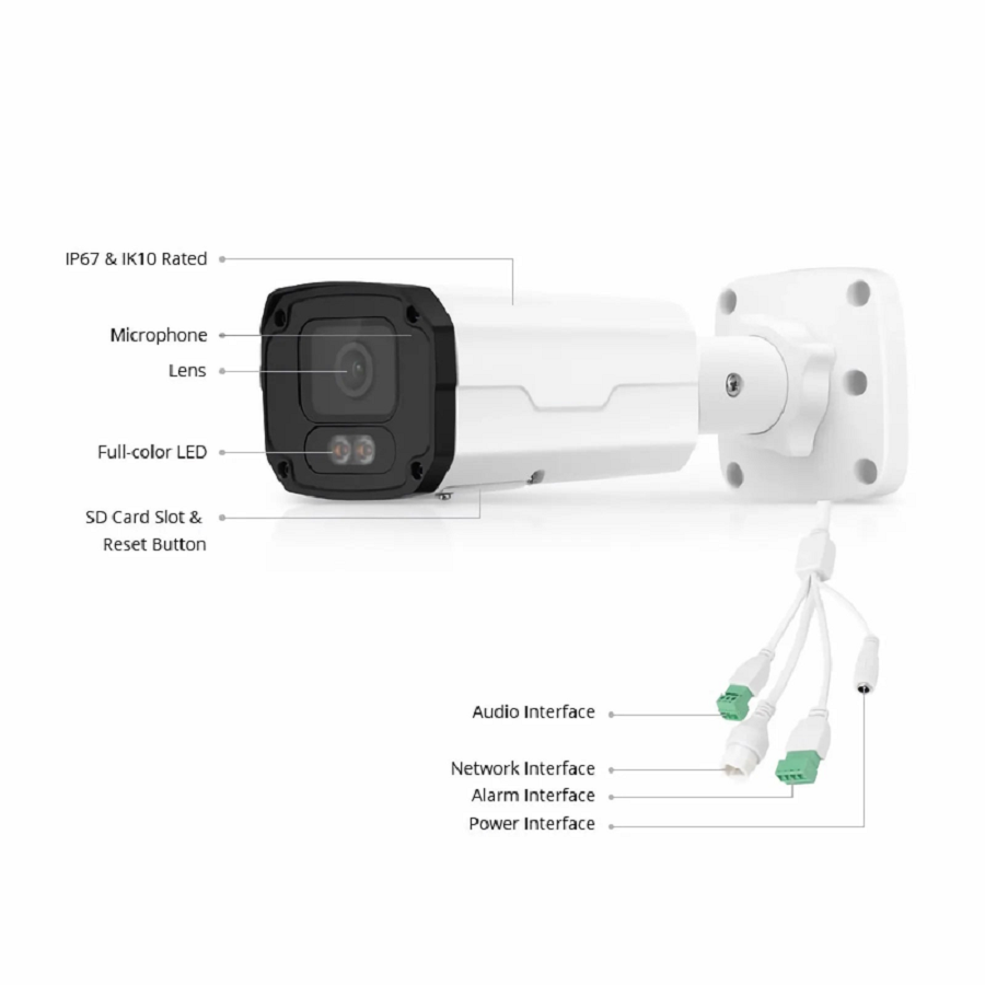 SFPS IPC501-FC-8M-B, 8MP Bullet PoE Network Camera with Built-in Mic, 98ft Color Night Vision, 120dB True WDR, Smart Intrusion Prevention, IP67 & IK10 Rating, 4.0mm Fixed Lens