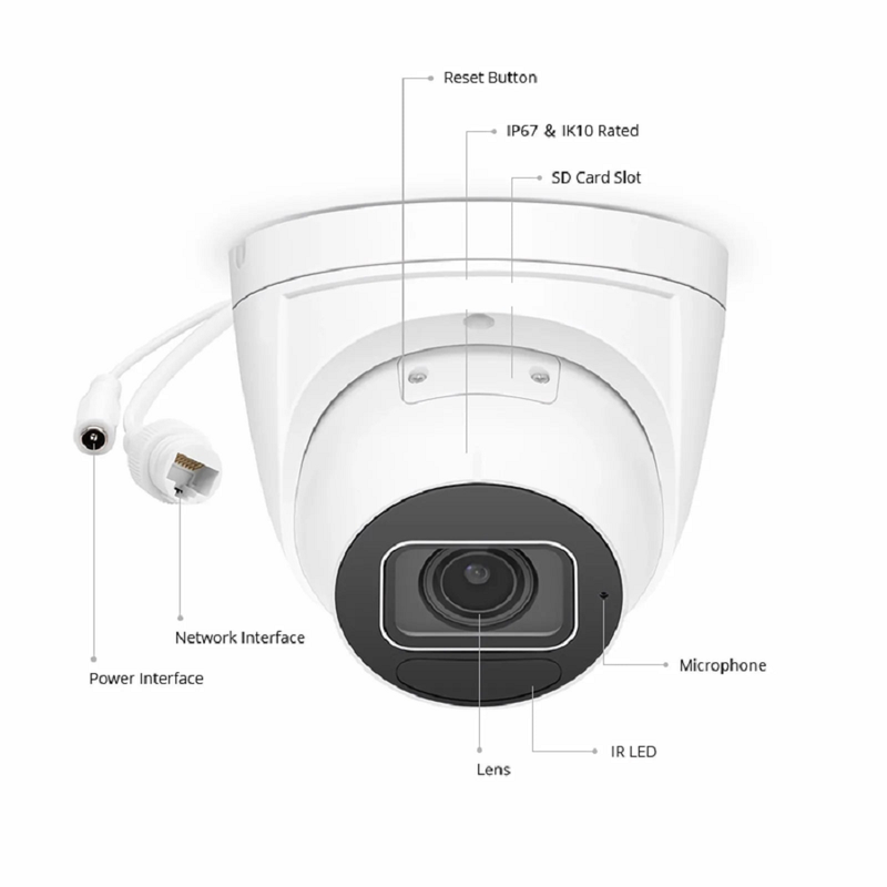 SFPS IPC305-5M-T Turret Camera, with 2.7 ~ 13.5mm Varifocal Lens, 5MP Resolution, Built-in Mic, 131ft Night Vision, Smart Intrusion Prevention, IP67 & IK10 PoE Network Camera