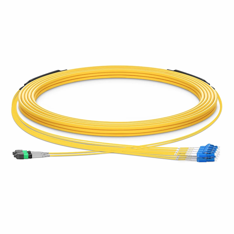 SFPS 30m (98ft) MTP® Hybrid Trunk Cable, MTP®-8 APC (Female) to 4 LC UPC Duplex Uniboot, 16 Fibers, Single Mode (OS2), Plenum (OFNP), 0.35dB Max, Type B, Double Jacket, Yellow