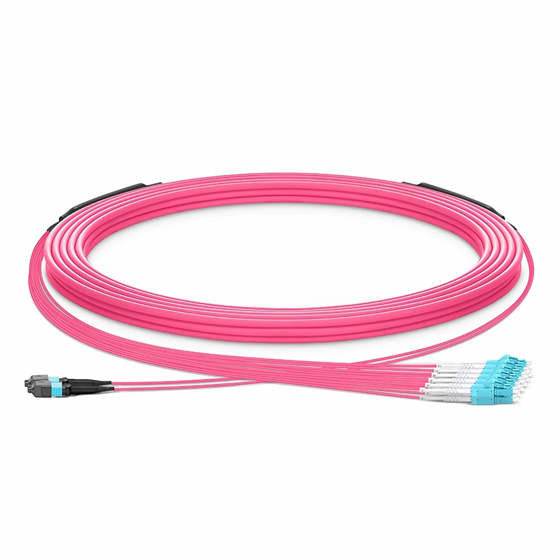 SFPS 30m (98ft) MTP® Hybrid Trunk Cable, MTP®-12 UPC (Female) to 6 LC UPC Duplex Uniboot, 24 Fibers, Multimode (OM4), Plenum (OFNP), 0.20dB Max, Type B, Double Jacket, Magenta