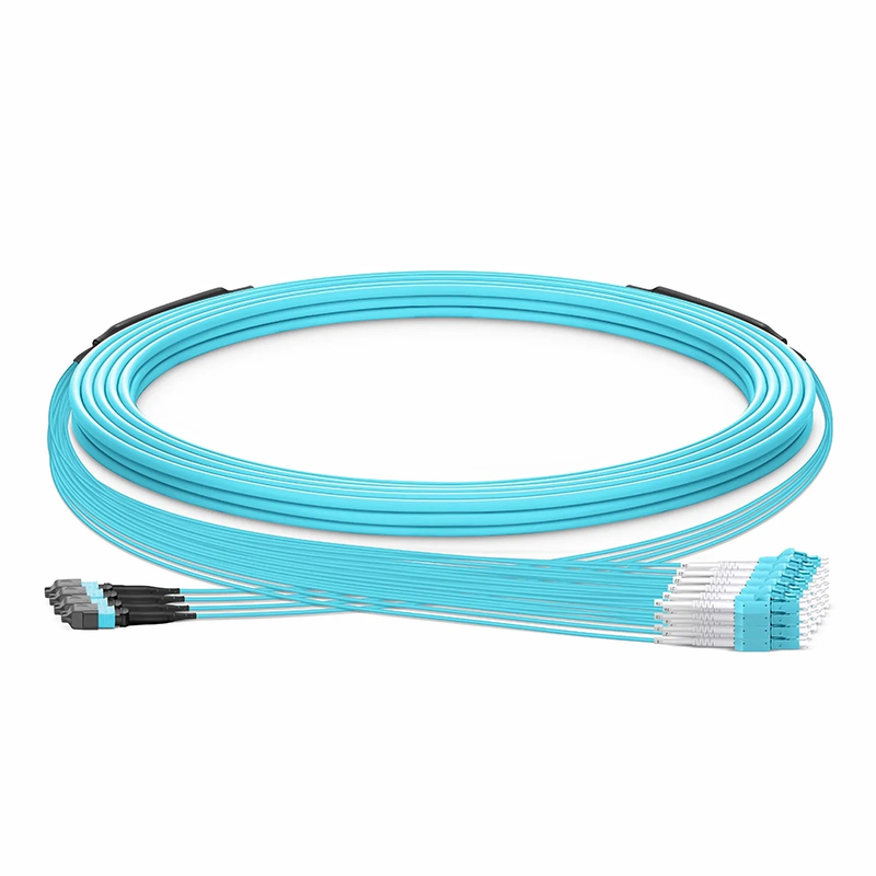 SFPS 30m (98ft) MTP® Hybrid Trunk Cable, MTP®-12 UPC (Female) to 6 LC UPC Duplex Uniboot, 48 Fibers, Multimode (OM3), Plenum (OFNP), 0.20dB Max, Type B, Double Jacket, Aqua