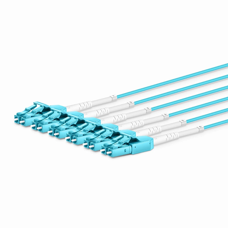 SFPS 30m (98ft) MTP® Hybrid Trunk Cable, MTP®-12 UPC (Female) to 6 LC UPC Duplex Uniboot, 48 Fibers, Multimode (OM3), Plenum (OFNP), 0.20dB Max, Type B, Double Jacket, Aqua