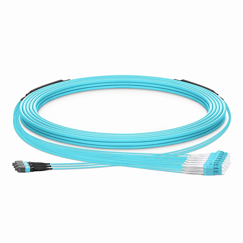 SFPS 30m (98ft) MTP® Hybrid Trunk Cable, MTP®-12 UPC (Female) to 6 LC UPC Duplex Uniboot, 36 Fibers, Multimode (OM3), Plenum (OFNP), 0.20dB Max, Type B, Double Jacket, Aqua