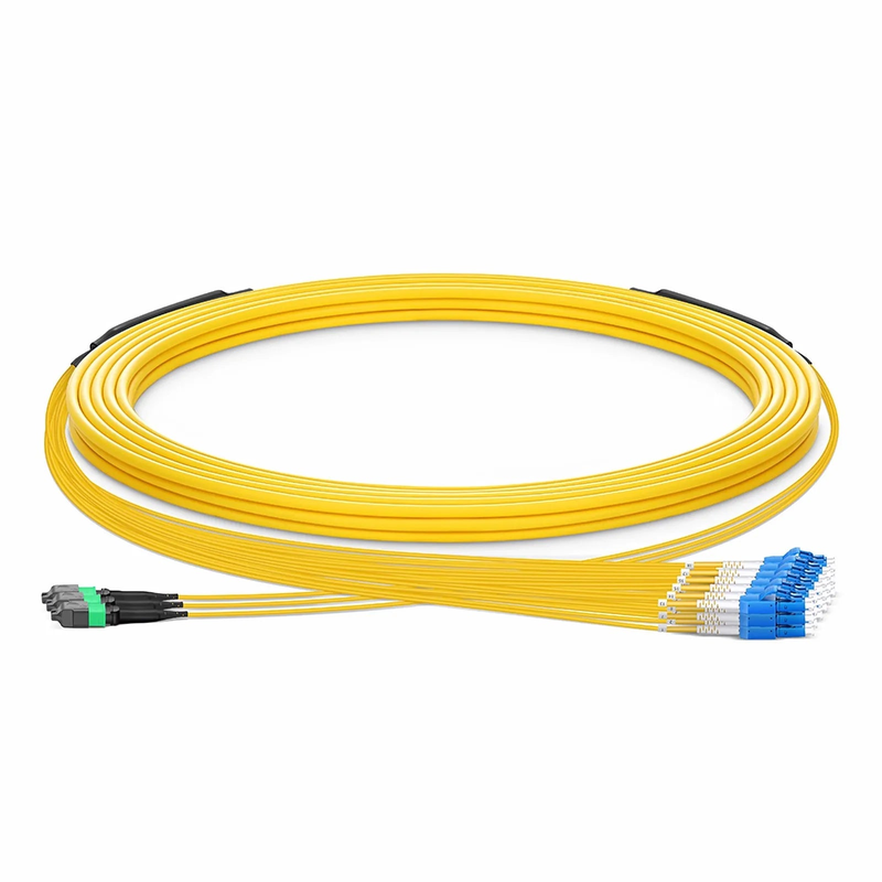 SFPS 30m (98ft) MTP® Hybrid Trunk Cable, MTP®-12 APC (Female) to 6 LC UPC Duplex Uniboot, 36 Fibers, Single Mode (OS2), Plenum (OFNP), 0.35dB Max, Type B, Double Jacket, Yellow
