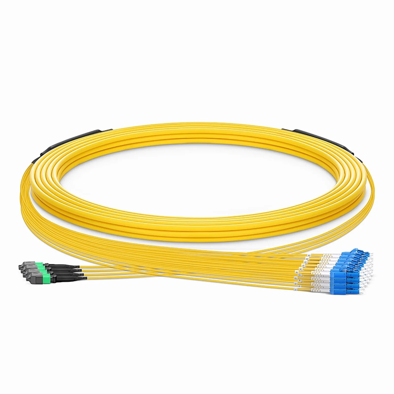 SFPS 30m (98ft) MTP® Hybrid Trunk Cable, MTP®-12 APC (Female) to 6 LC UPC Duplex Uniboot, 48 Fibers, Single Mode (OS2), Plenum (OFNP), 0.35dB Max, Type B, Double Jacket, Yellow