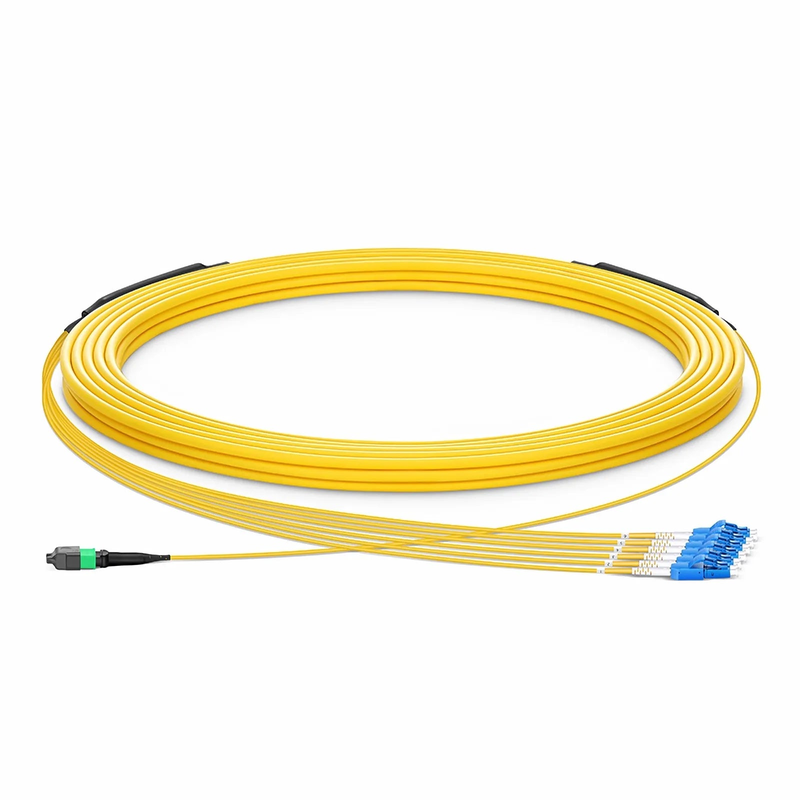 SFPS 30m (98ft) MTP® Hybrid Trunk Cable, MTP®-12 APC (Female) to 6 LC UPC Duplex Uniboot, 12 Fibers, Single Mode (OS2), Plenum (OFNP), 0.35dB Max, Type B, Double Jacket, Yellow
