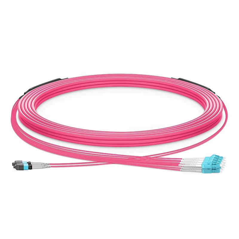 SFPS 30m (98ft) MTP® Hybrid Trunk Cable, MTP®-8 UPC (Male) to 4 LC UPC Duplex Uniboot, 16 Fibers, Multimode (OM4), Plenum (OFNP), 0.20dB Max, Type B, Double Jacket, Magenta