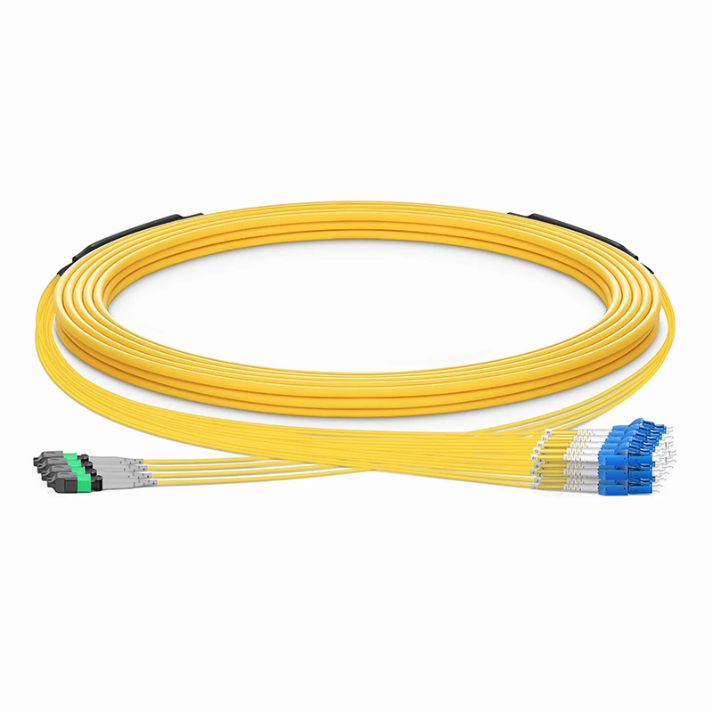 SFPS 30m (98ft) MTP® Hybrid Trunk Cable, MTP®-8 APC (Male) to 4 LC UPC Duplex Uniboot, 32 Fibers, Single Mode (OS2), Plenum (OFNP), 0.35dB Max, Type B, Double Jacket, Yellow