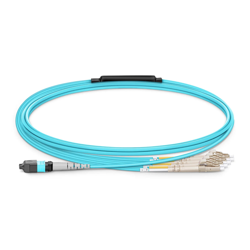 SFPS 2m (7ft) MTP® Harness, MTP®-8 UPC (Female) to 4 x LC UPC Duplex, 8 Fibers, Multimode (OM4), Plenum (OFNP), 0.35dB Max, Type B, 1m Equal Breakout Length, Aqua