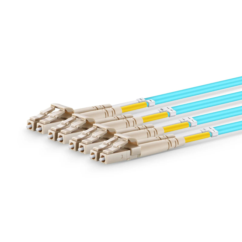 SFPS 2m (7ft) MTP® Harness, MTP®-8 UPC (Female) to 4 x LC UPC Duplex, 8 Fibers, Multimode (OM4), Plenum (OFNP), 0.35dB Max, Type B, 1m Equal Breakout Length, Aqua