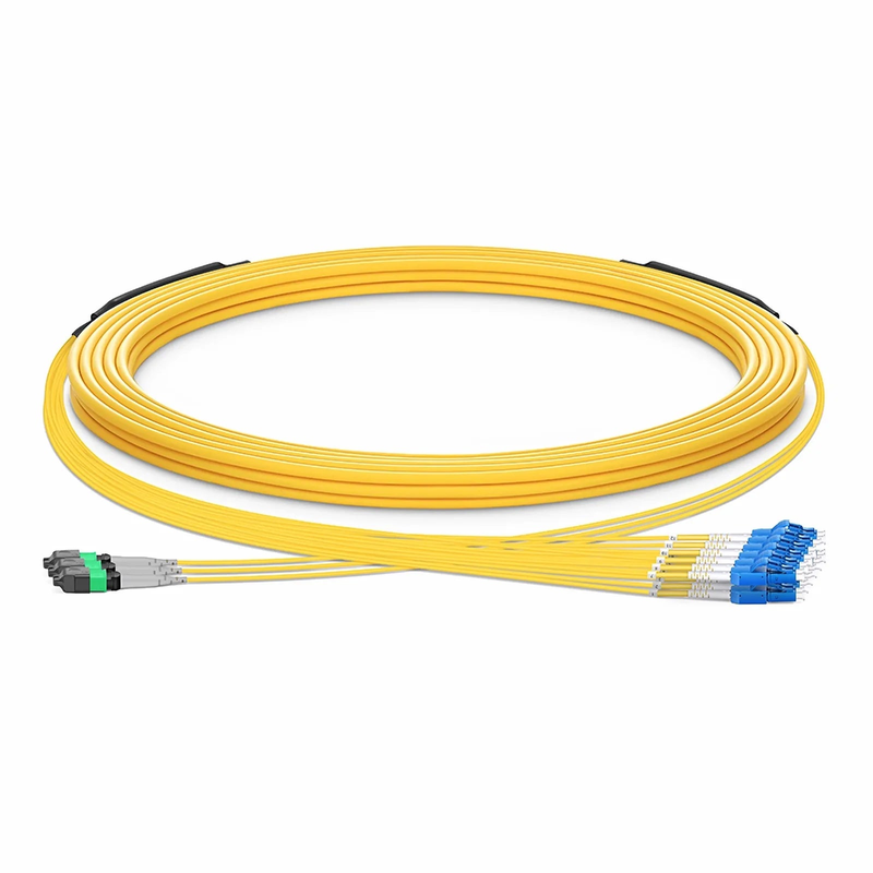 SFPS 30m (98ft) MTP® Hybrid Trunk Cable, MTP®-8 APC (Female) to 4 LC UPC Duplex Uniboot, 24 Fibers, Single Mode (OS2), Plenum (OFNP), 0.35dB Max, Type B, Double Jacket, Yellow