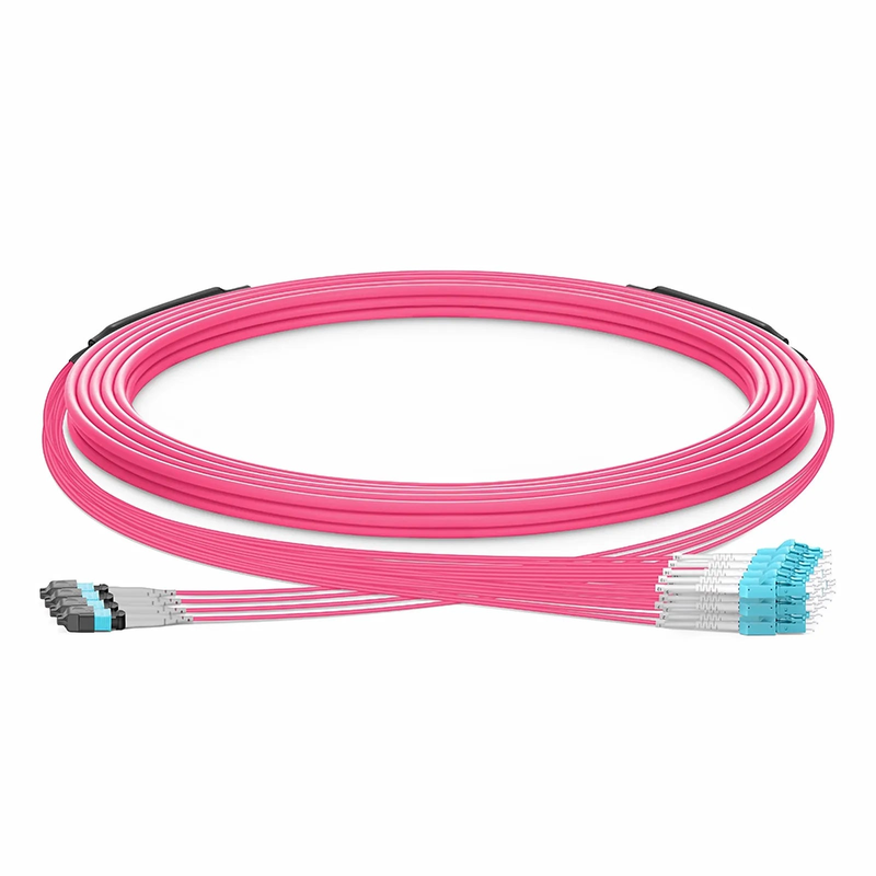 SFPS 30m (98ft) MTP® Hybrid Trunk Cable, MTP®-8 UPC (Female) to 4 LC UPC Duplex Uniboot, 32 Fibers, Multimode (OM4), Plenum (OFNP), 0.20dB Max, Type B, Double Jacket, Magenta