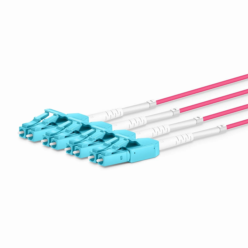 SFPS 30m (98ft) MTP® Hybrid Trunk Cable, MTP®-8 UPC (Female) to 4 LC UPC Duplex Uniboot, 32 Fibers, Multimode (OM4), Plenum (OFNP), 0.20dB Max, Type B, Double Jacket, Magenta