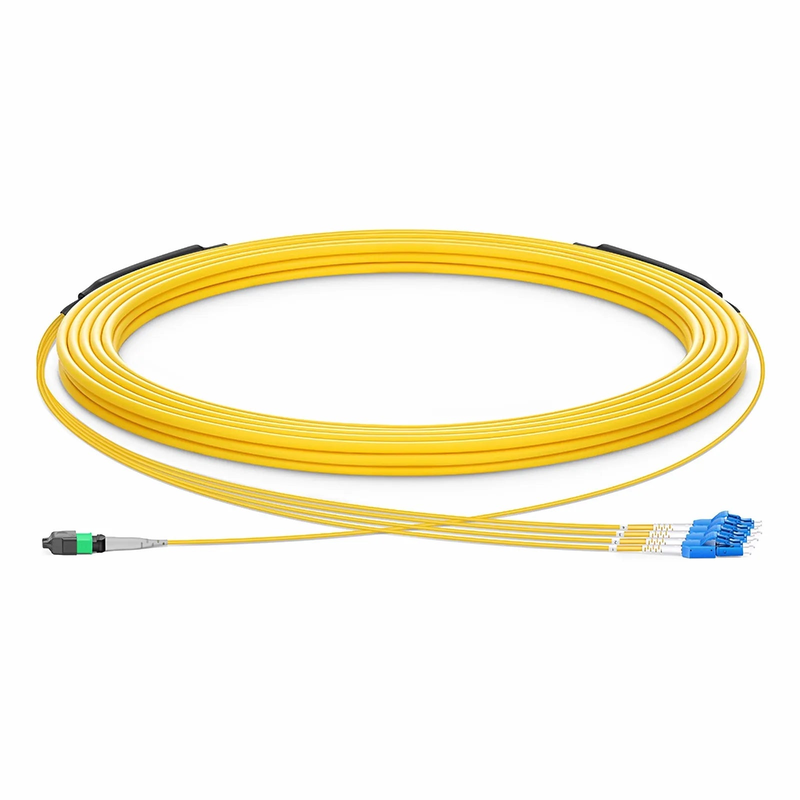SFPS 30m (98ft) MTP® Hybrid Trunk Cable, MTP®-8 APC (Female) to 4 LC UPC Duplex Uniboot, 8 Fibers, Single Mode (OS2), Plenum (OFNP), 0.35dB Max, Type B, Double Jacket, Yellow