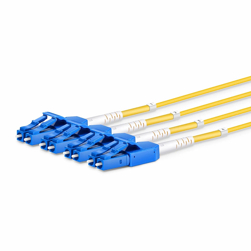 SFPS 30m (98ft) MTP® Hybrid Trunk Cable, MTP®-8 APC (Female) to 4 LC UPC Duplex Uniboot, 8 Fibers, Single Mode (OS2), Plenum (OFNP), 0.35dB Max, Type B, Double Jacket, Yellow