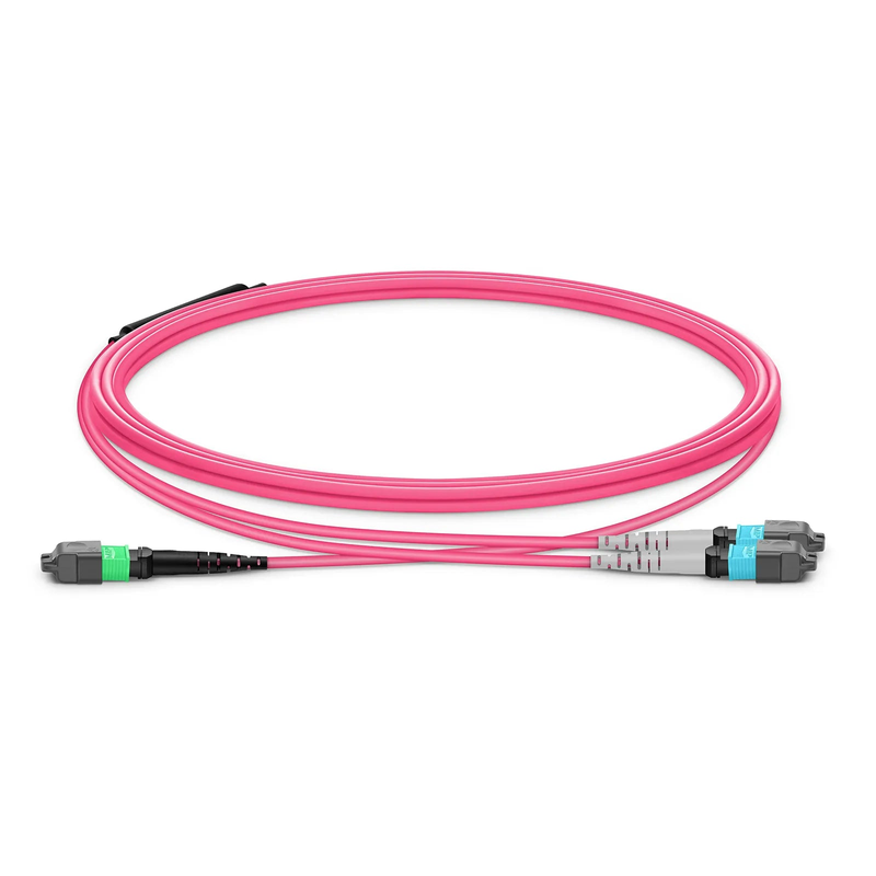 SFPS 1m (3ft) MTP® Breakout Cable, MTP®-16 APC (Female) to 2 x MTP®-8 UPC (Female), 16 Fibers, Multimode (OM4), Plenum (OFNP), 0.35dB Max, Crossover, Magenta