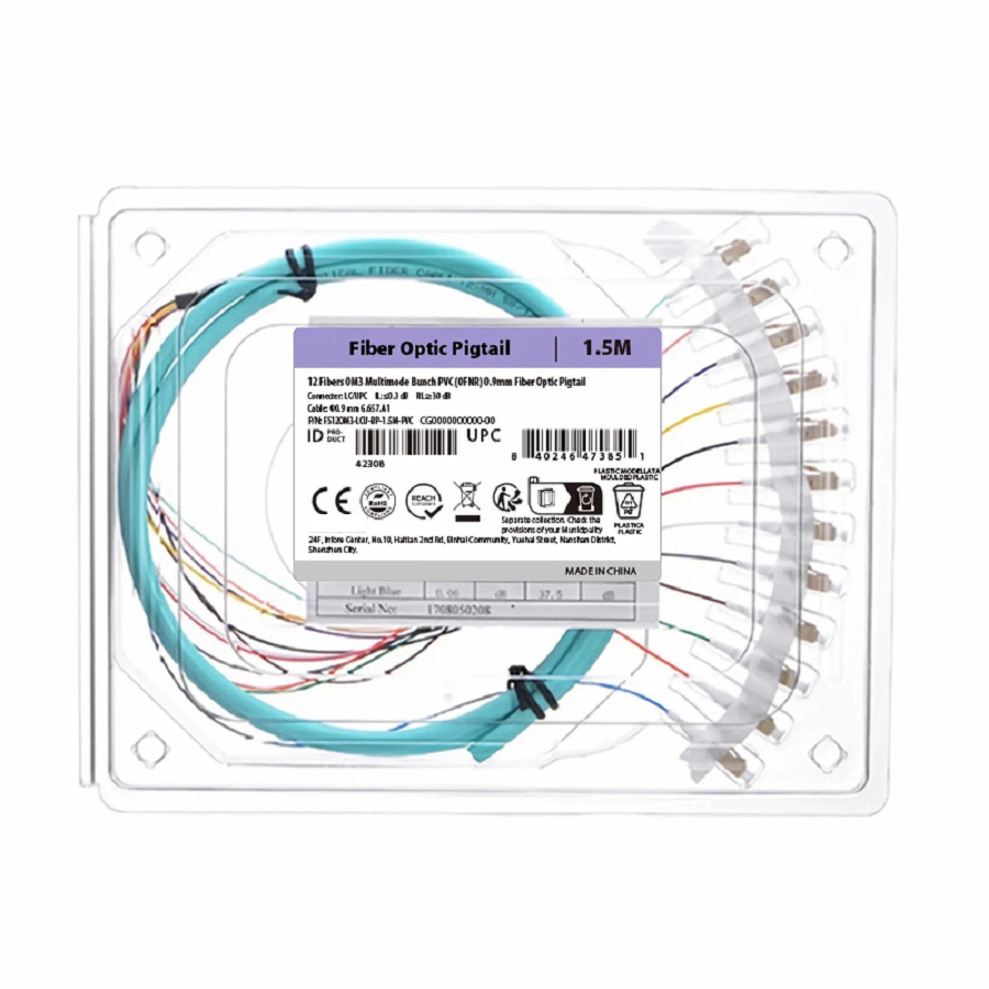 SFPS 1.5m (5ft) Fiber Pigtail, LC UPC to Unterminated, 12 Fibers, Bunch, OM3 Multimode, PVC (Unrated), 0.9mm, Aqua