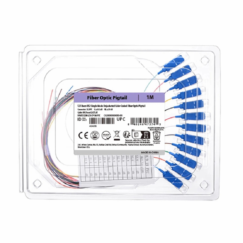 SFPS 1m (3ft) Fiber Pigtail, SC UPC to Unterminated, 12 Fibers, Unjacketed Color-Coded, OS2 Single Mode, PVC (Unrated), 0.9mm, 12-Color