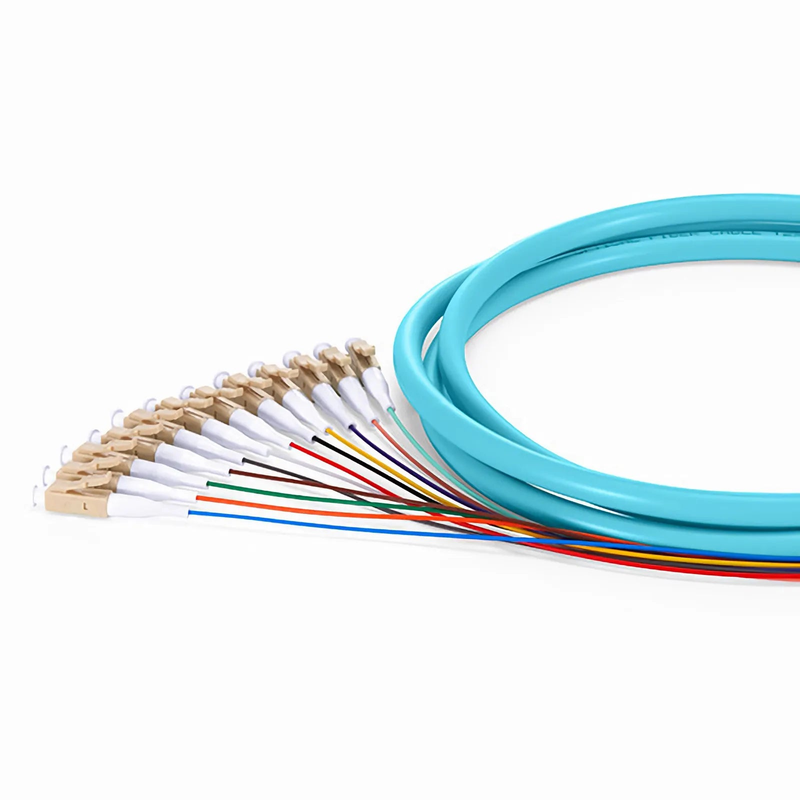 SFPS 1.5m (5ft) Fiber Pigtail, LC UPC to Unterminated, 12 Fibers, Bunch, OM3 Multimode, PVC (Unrated), 0.9mm, Aqua