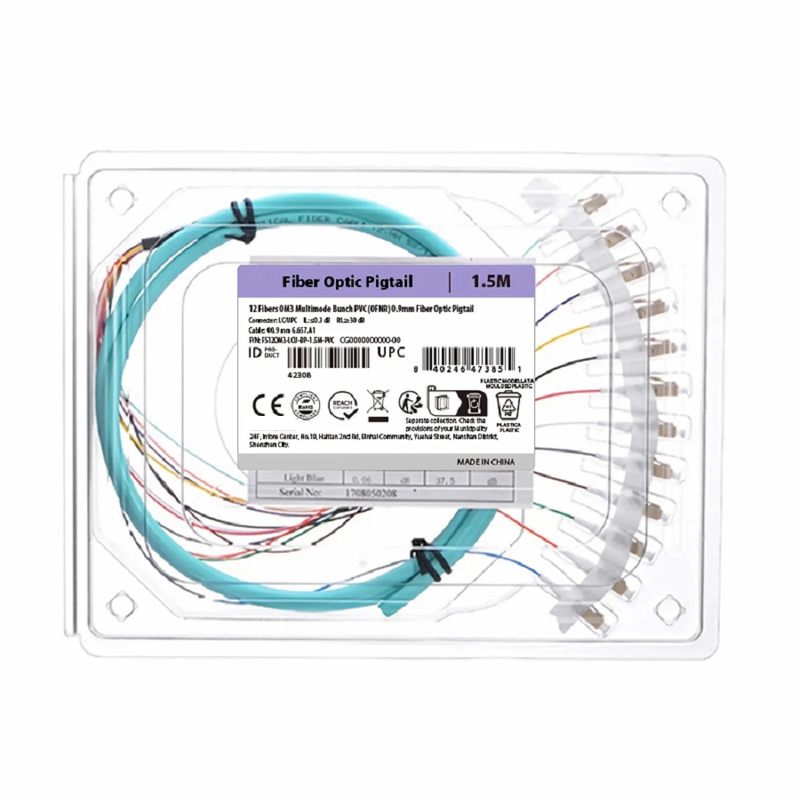 SFPS 1.5m (5ft) Fiber Pigtail, LC UPC to Unterminated, 12 Fibers, Bunch, OM3 Multimode, PVC (Unrated), 0.9mm, Aqua