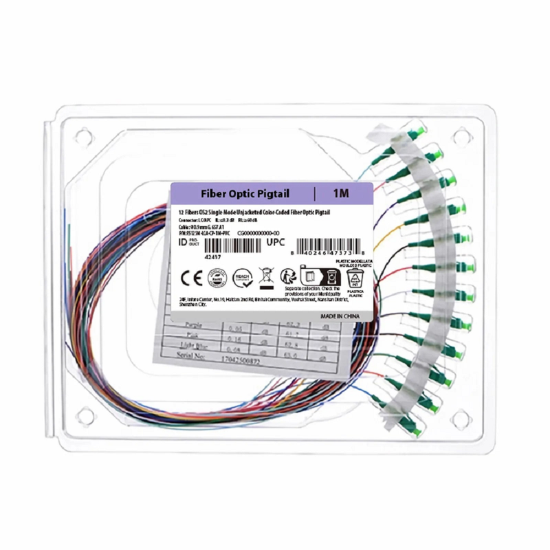 SFPS 1m (3ft) Fiber Pigtail, LC APC to Unterminated, 12 Fibers, Unjacketed Color-Coded, OS2 Single Mode, PVC (Unrated), 0.9mm, 12-Color