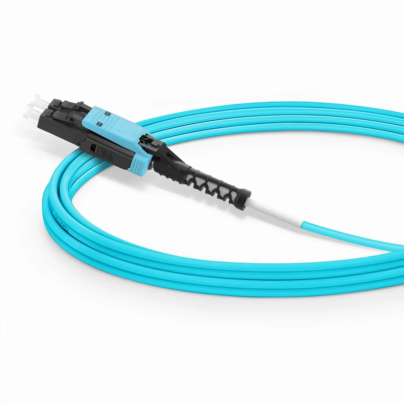 SFPS 15m (49ft) Fiber Patch Cable, 2 Fibers, LC UPC Duplex to LC UPC Duplex Flat Clip with Push-Pull Boot Uniboot, Multimode (OM4), Riser (OFNR), 2.0mm, Aqua