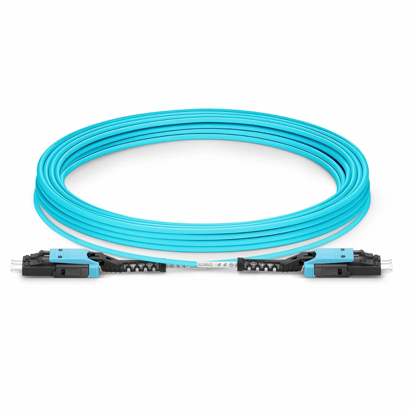SFPS 30m (98ft) Fiber Patch Cable, 2 Fibers, LC UPC Duplex to LC UPC Duplex Flat Clip with Push-Pull Boot Uniboot, Multimode (OM4), Riser (OFNR), 2.0mm, Aqua