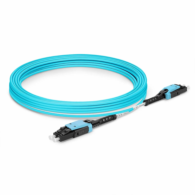 SFPS 30m (98ft) Fiber Patch Cable, 2 Fibers, LC UPC Duplex to LC UPC Duplex Flat Clip with Push-Pull Boot Uniboot, Multimode (OM4), Riser (OFNR), 2.0mm, Aqua