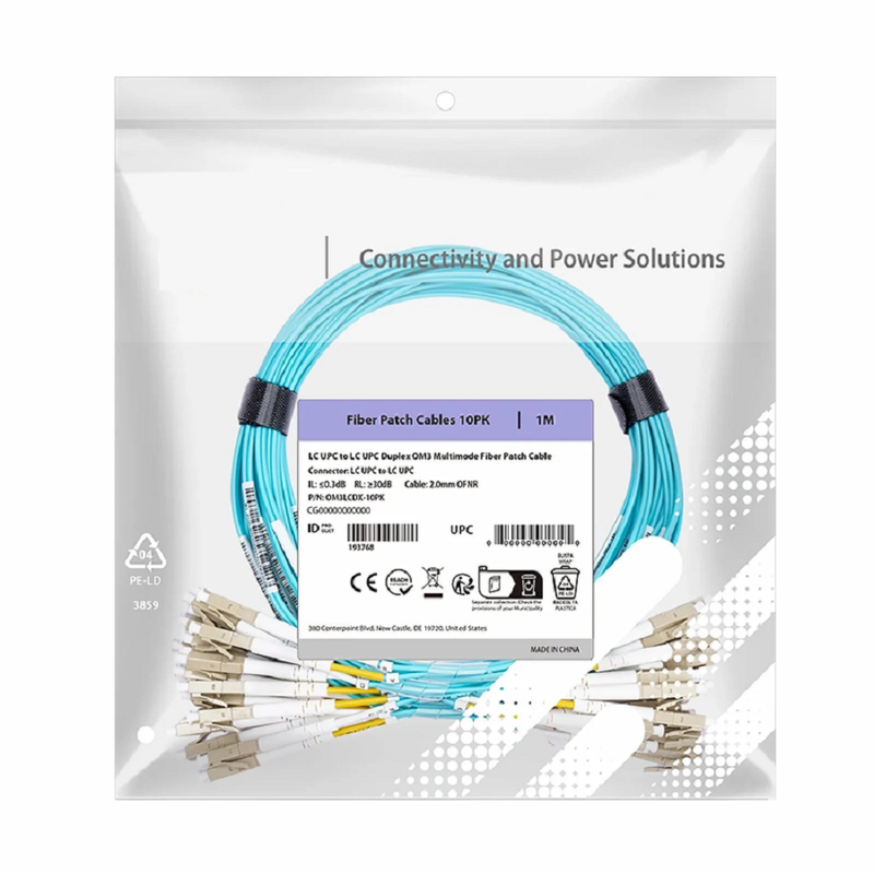 SFPS 2m (7ft) Fiber Patch Cable, 2 Fibers, LC UPC Duplex to LC UPC Duplex, Multimode (OM3), Riser (OFNR), 2.0mm, Tight-Buffered, Aqua, 10 Pcs/Pack