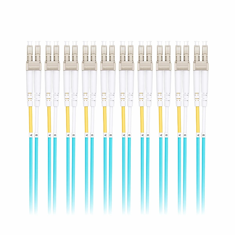 SFPS 2m (7ft) Fiber Patch Cable, 2 Fibers, LC UPC Duplex to LC UPC Duplex, Multimode (OM3), Riser (OFNR), 2.0mm, Tight-Buffered, Aqua, 10 Pcs/Pack