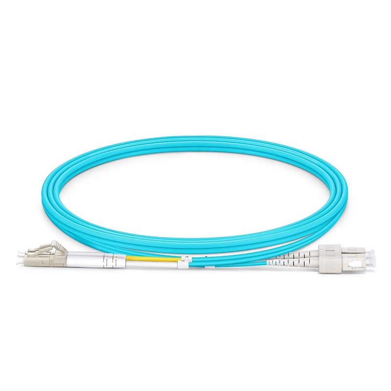 SFPS 1m (3ft) Fiber Patch Cable, 2 Fibers, LC UPC Duplex to SC UPC Duplex, Multimode (OM3), Riser (OFNR), 2.0mm, Tight-Buffered, Aqua