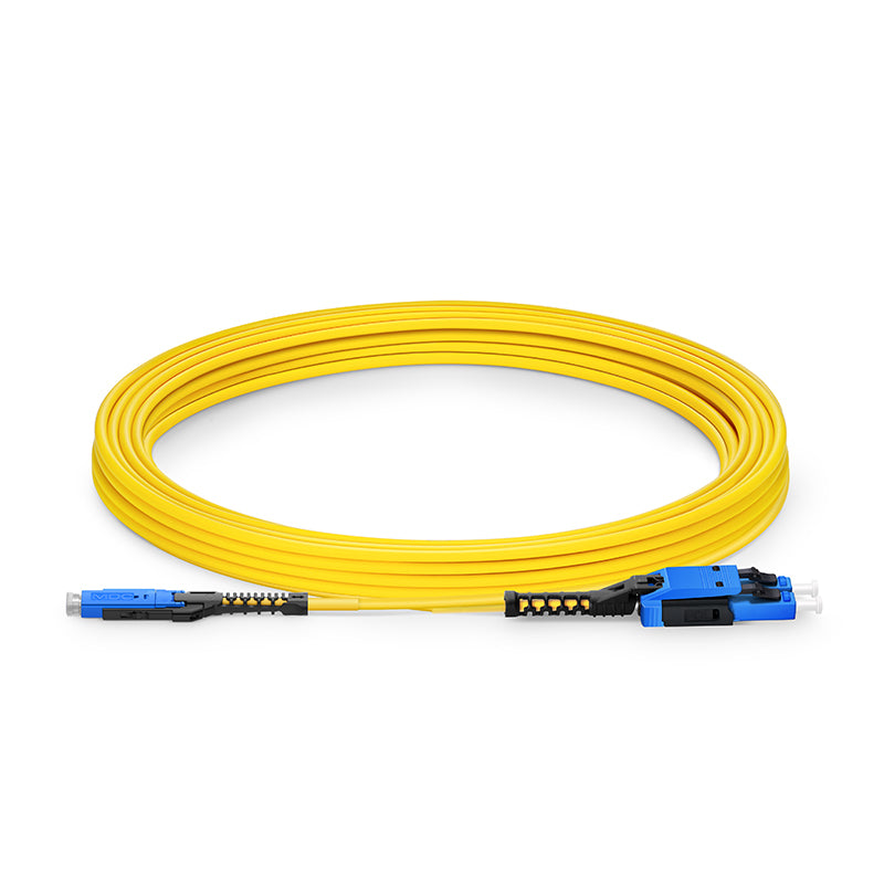SFPS 5m (16ft) Fiber Patch Cable, 2 Fibers, MDC UPC Duplex to LC UPC Duplex Flat Clip with Push-Pull Boot Uniboot, Single Mode (OS2), Riser (OFNR), 2.0mm, Yellow, for 100/400/800G Network Connection