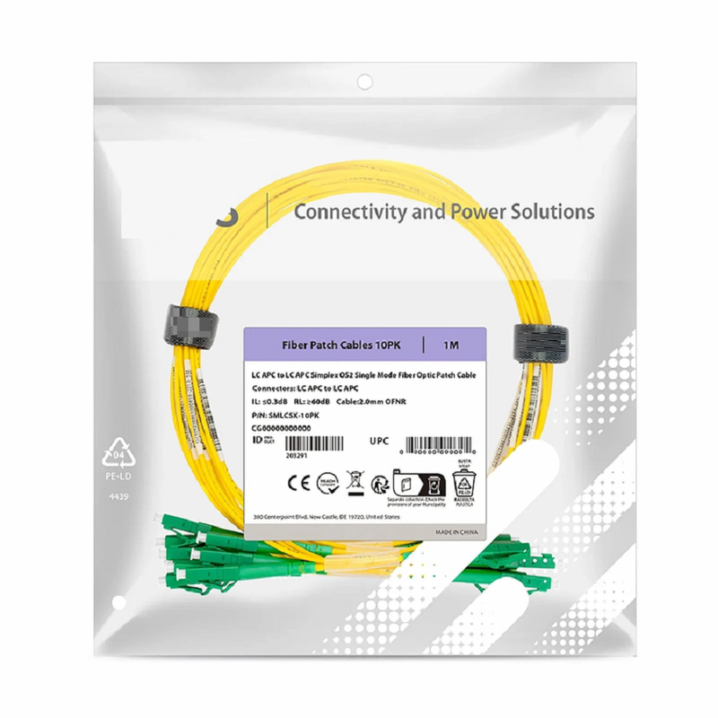 SFPS 1m (3ft) Fiber Patch Cable, 1 Fiber, LC APC Simplex to LC APC Simplex, Single Mode (OS2), Riser (OFNR), 2.0mm, Tight-Buffered, Yellow, 10 Pcs/Pack