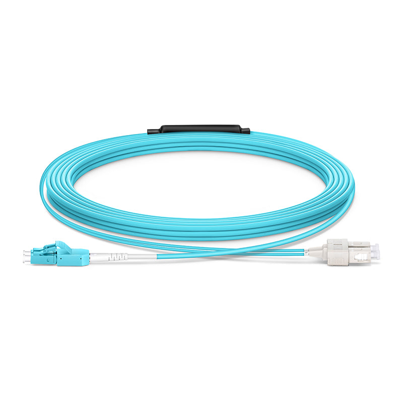 SFPS 10m (33ft) Fiber Patch Cable, 2 Fibers, LC UPC Duplex Standard Clip Uniboot to SC UPC Duplex, Multimode (OM4), Riser (OFNR), 2.0/0.9mm, Aqua