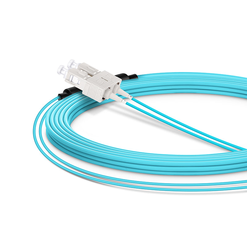 SFPS 10m (33ft) Fiber Patch Cable, 2 Fibers, LC UPC Duplex Standard Clip Uniboot to SC UPC Duplex, Multimode (OM4), Riser (OFNR), 2.0/0.9mm, Aqua