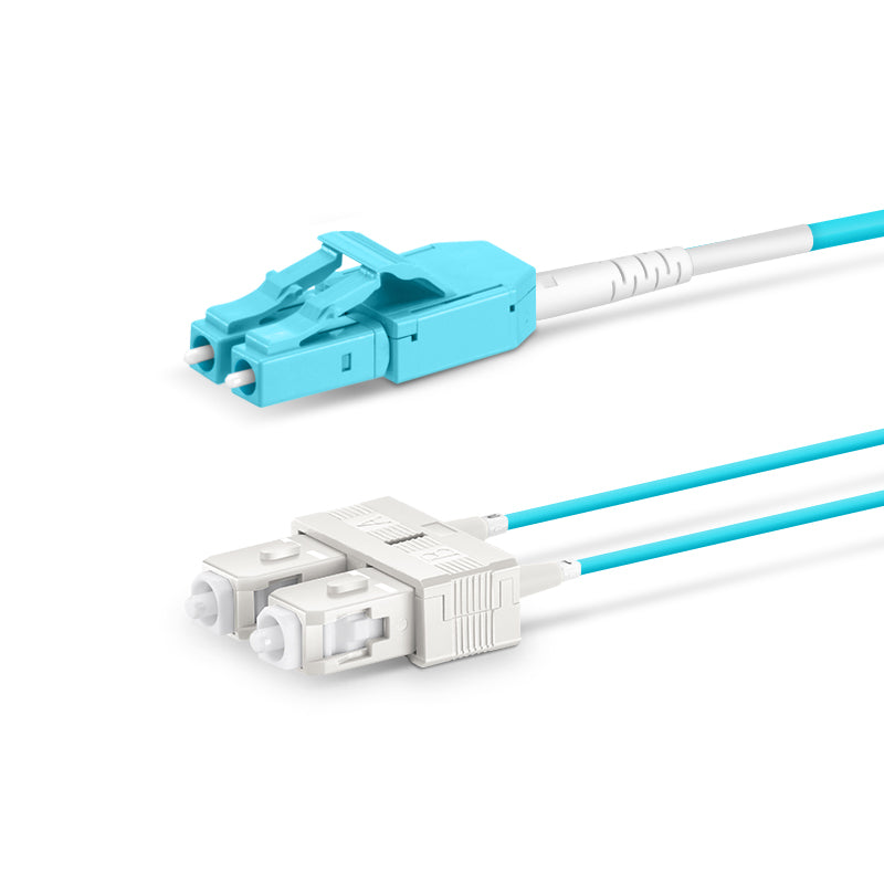 SFPS 10m (33ft) Fiber Patch Cable, 2 Fibers, LC UPC Duplex Standard Clip Uniboot to SC UPC Duplex, Multimode (OM4), Riser (OFNR), 2.0/0.9mm, Aqua