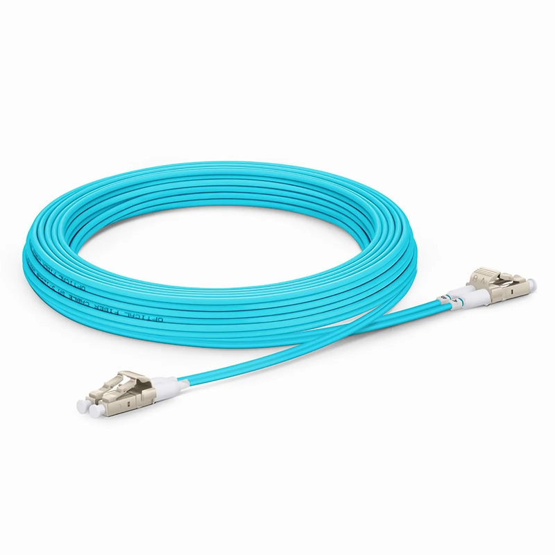 SFPS 5m (16ft) Fiber Patch Cable, 2 Fibers, Short Boot, LC UPC Duplex to LC UPC Duplex, Multimode (OM3), Riser (OFNR), 2.0mm, Tight-Buffered, Aqua