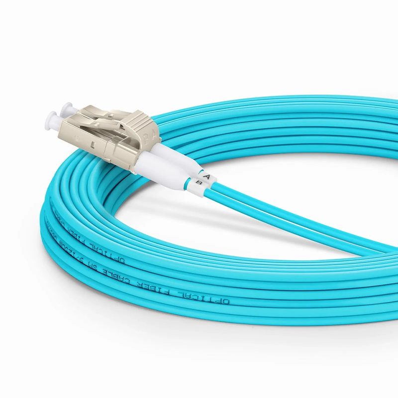 SFPS 5m (16ft) Fiber Patch Cable, 2 Fibers, Short Boot, LC UPC Duplex to LC UPC Duplex, Multimode (OM3), Riser (OFNR), 2.0mm, Tight-Buffered, Aqua