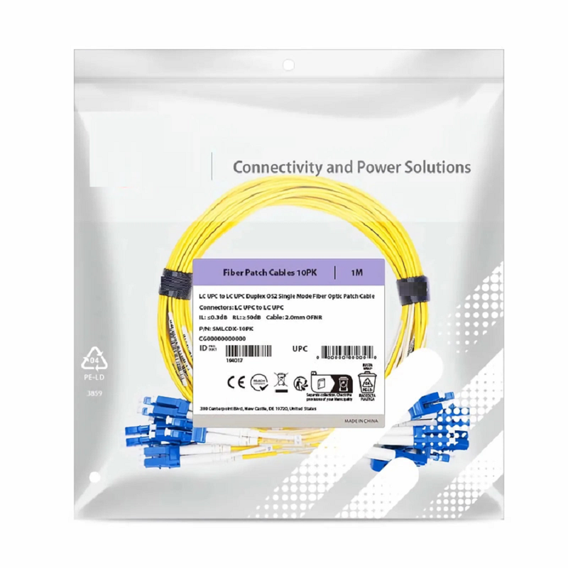SFPS 1m (3ft) Fiber Patch Cable, 2 Fibers, LC UPC Duplex to LC UPC Duplex, Single Mode (OS2), Riser (OFNR), 2.0mm, Tight-Buffered, Yellow, 10 Pcs/Pack