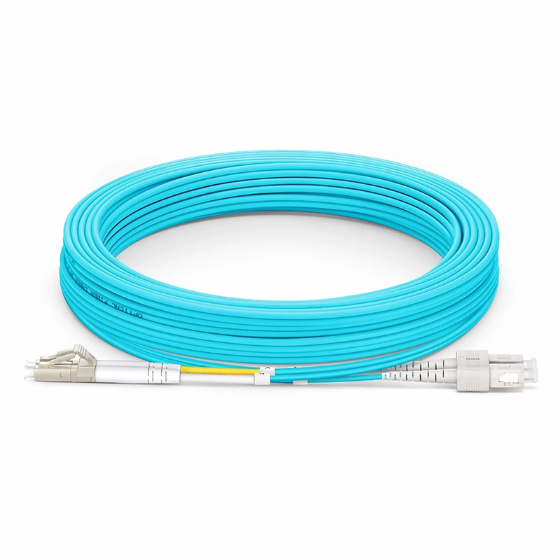 SFPS 15m (49ft) Fiber Patch Cable, 2 Fibers, LC UPC Duplex to SC UPC Duplex, Multimode (OM3), Riser (OFNR), 2.0mm, Tight-Buffered, Aqua