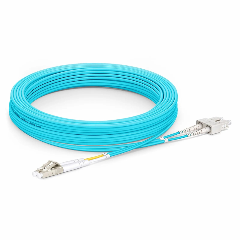 SFPS 15m (49ft) Fiber Patch Cable, 2 Fibers, LC UPC Duplex to SC UPC Duplex, Multimode (OM3), Riser (OFNR), 2.0mm, Tight-Buffered, Aqua