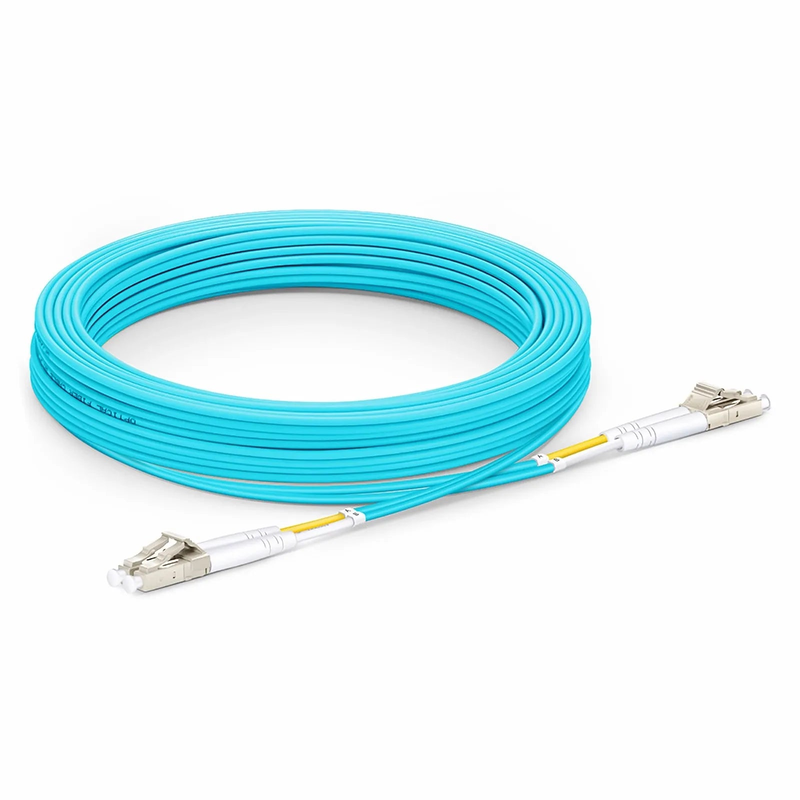 SFPS 30m (98ft) Fiber Patch Cable, 2 Fibers, LC UPC Duplex to LC UPC Duplex, Multimode (OM3), Riser (OFNR), 2.0mm, Tight-Buffered, Aqua