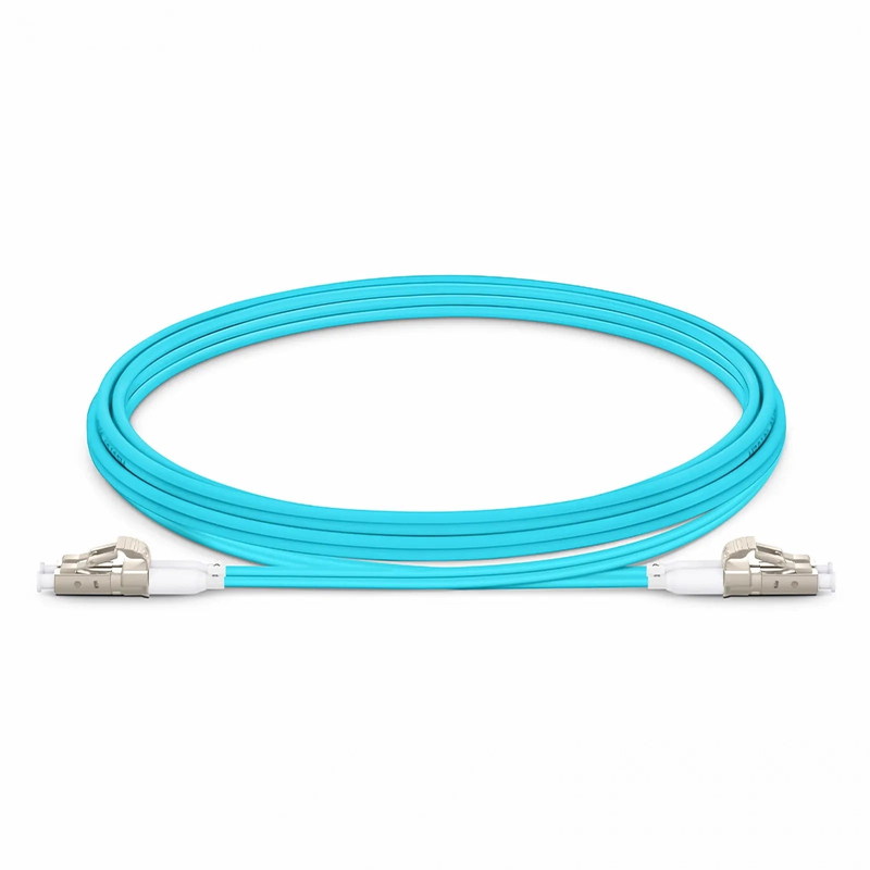 SFPS 2m (7ft) Fiber Patch Cable, 2 Fibers, Short Boot, LC UPC Duplex to LC UPC Duplex, Multimode (OM4), Riser (OFNR), 2.0mm, Tight-Buffered, Aqua