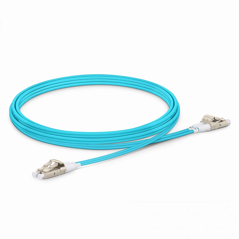 SFPS 2m (7ft) Fiber Patch Cable, 2 Fibers, Short Boot, LC UPC Duplex to LC UPC Duplex, Multimode (OM4), Riser (OFNR), 2.0mm, Tight-Buffered, Aqua
